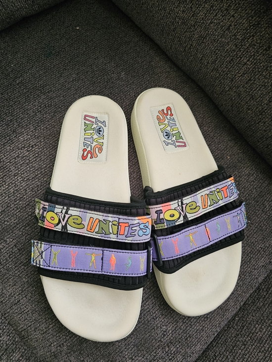 adidas Slides with Multicolor \'Love Unites\' Straps on Cream Footbed main image 4